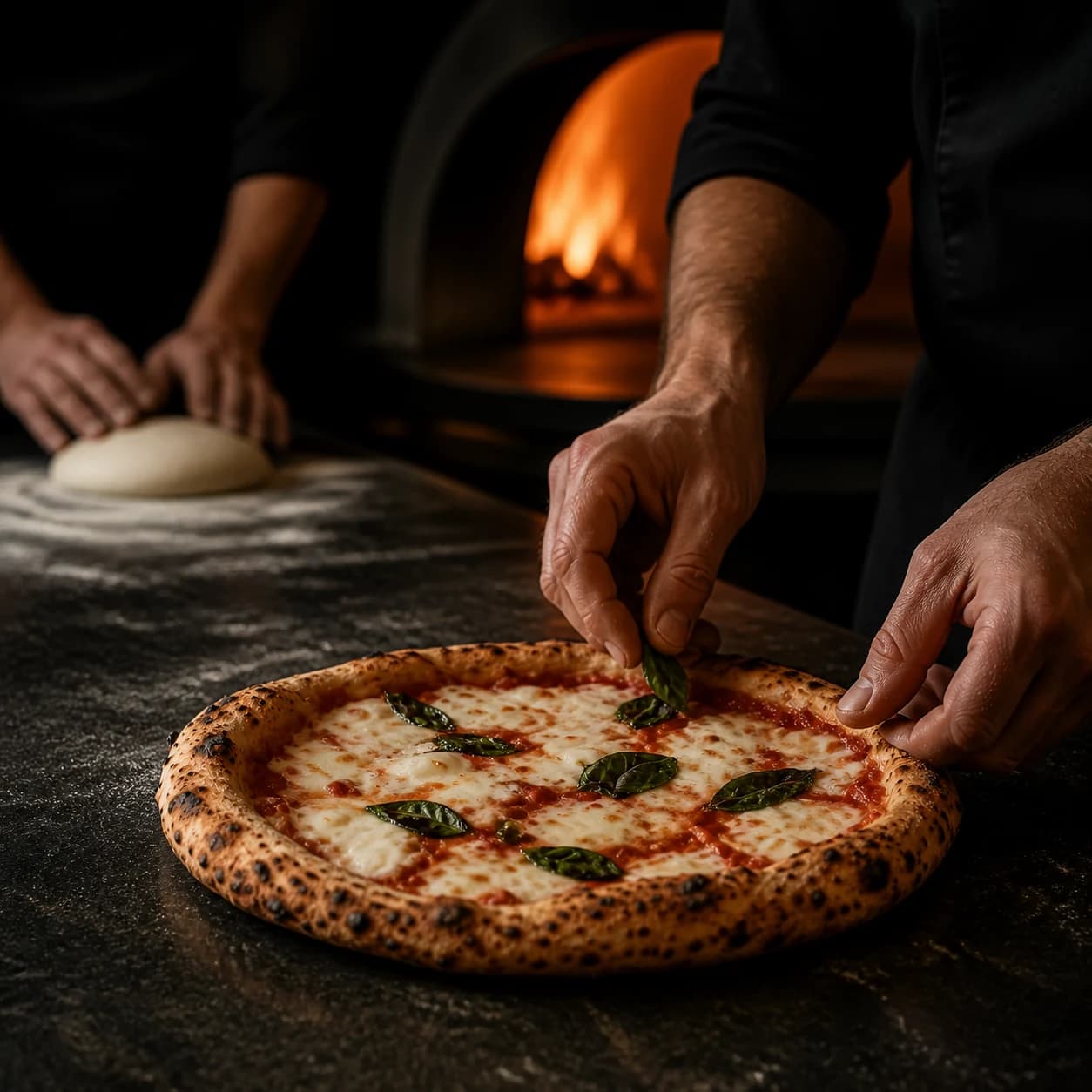 Zwei Pizzabäcker arbeiten gemeinsam vor dem Ofen an Teig und einer fertigen Krusto Pizza.