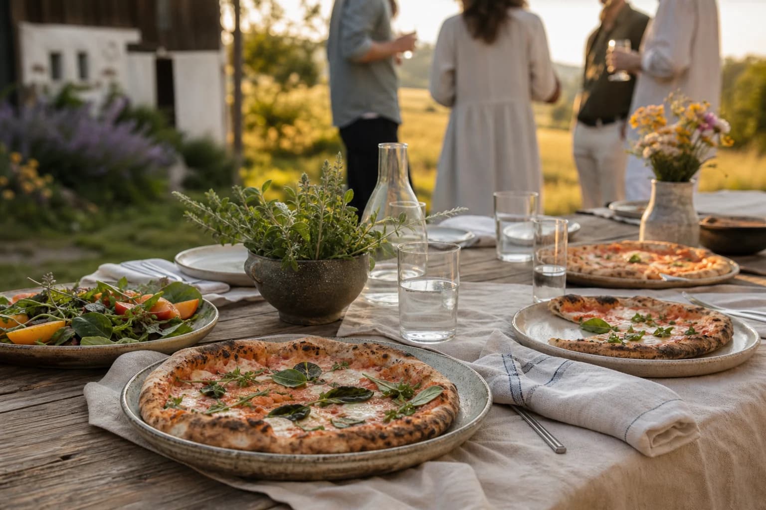 Gemeinsamer Tisch mit Pizza bei einem entspannten Fest im Grünen