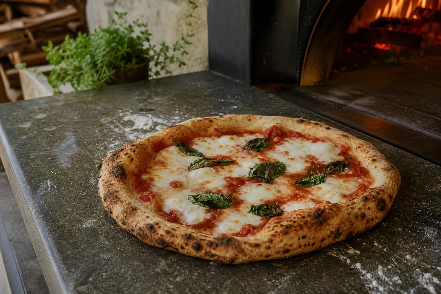 Frisch gebackene Pizza mit luftigem Rand vor dem heißen Ofen